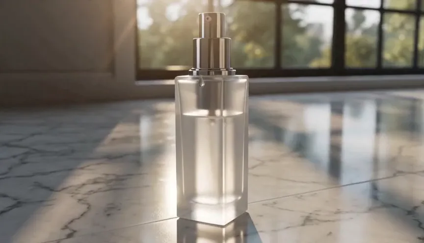 A luxury skincare commercial with stable product proportions, natural reflections, smooth camera movement, and premium lighting.