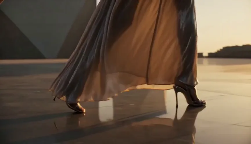 A fashion campaign prompt for editorial movement, wind, golden-hour lighting, and steady tracking shots.