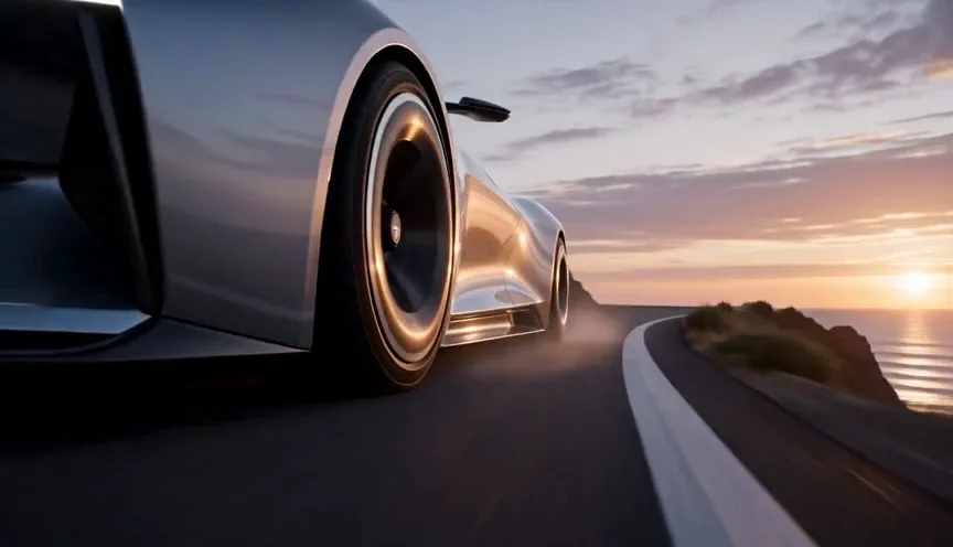 A vehicle prompt for coastal road motion, low tracking camera, drone transition, and premium reflections.