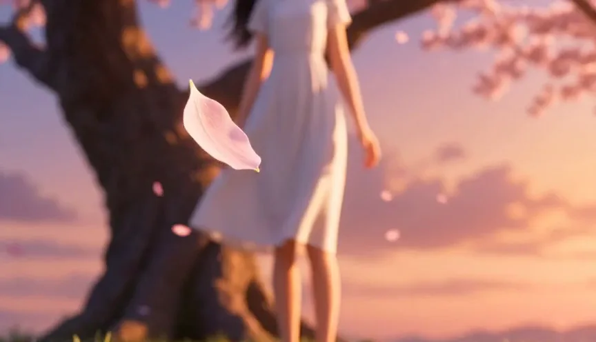 A feature-film anime prompt for character showcases, petals, wind, and cinematic dolly motion.