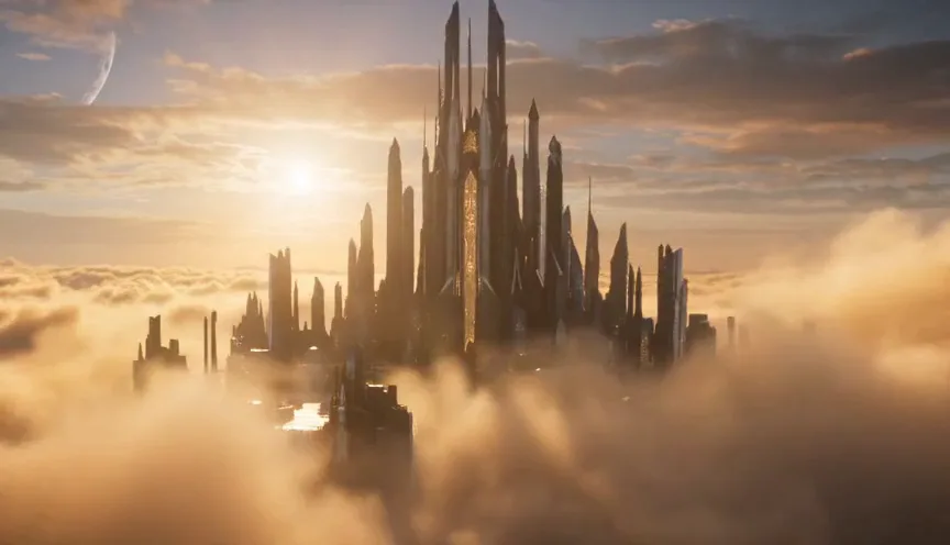 A fantasy trailer prompt for floating cities, aerial establishing shots, ships, waterfalls, and epic atmosphere.