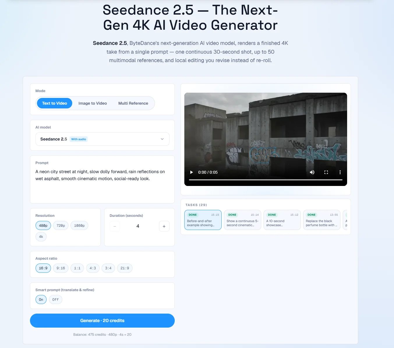 Seedance 2.5 generator workspace with prompt, references, settings, and preview panels