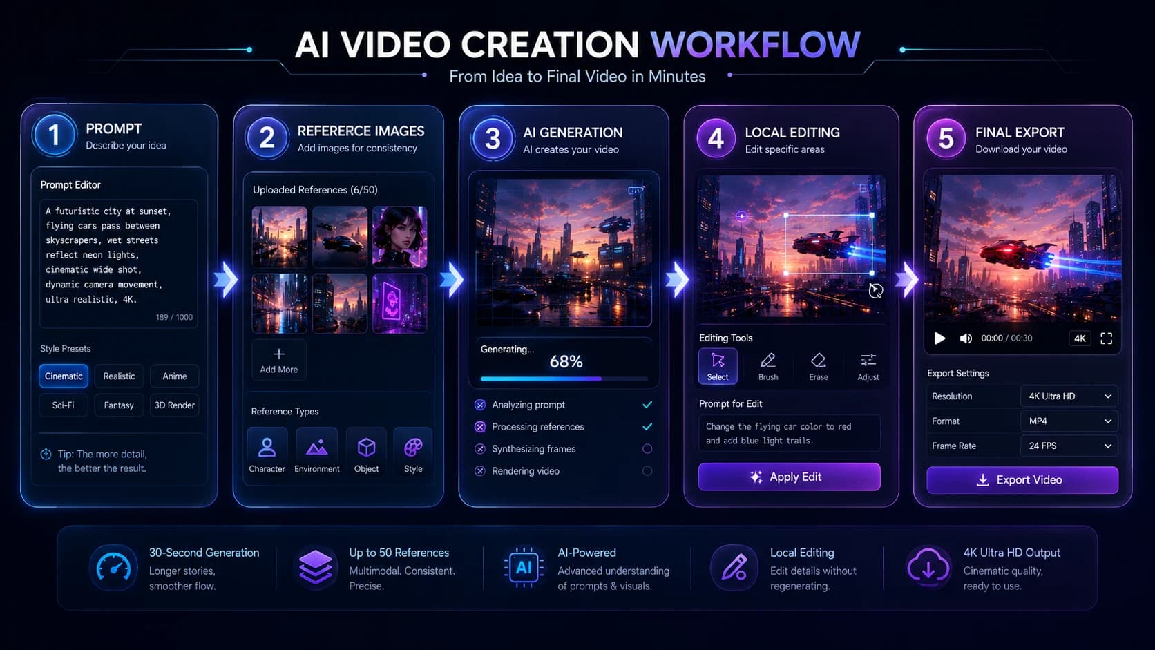 AI video creation workflow from prompt to final export